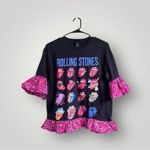Upcycled Rolling Stones Tee Medium | NEW  Pink Bandana Ruffle Hem & Sleeves